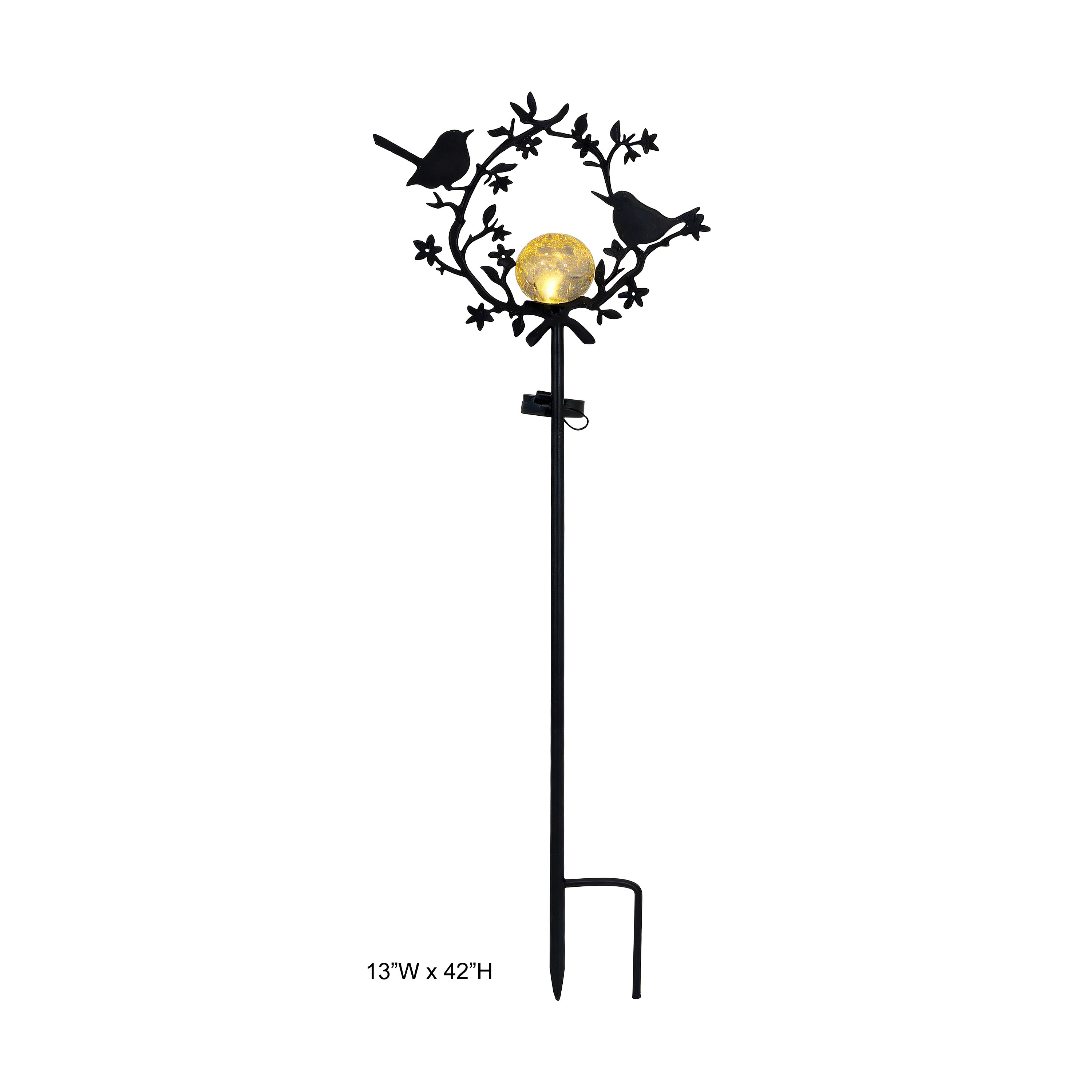 Bird Wreath Branch Solar Crackle Glass Metal Garden Stake Light