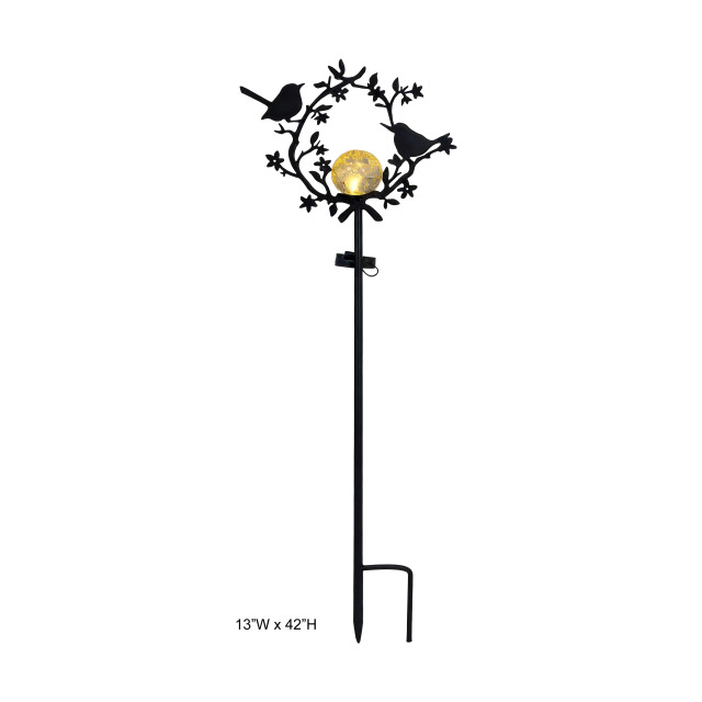 Bird Wreath Branch Solar Crackle Glass Metal Garden Stake Light