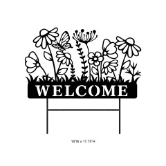 Tri Blossomy 17.75” Matte Black Wildflower & Butterfly Laser Cut Metal Welcome Garden Stake Sign