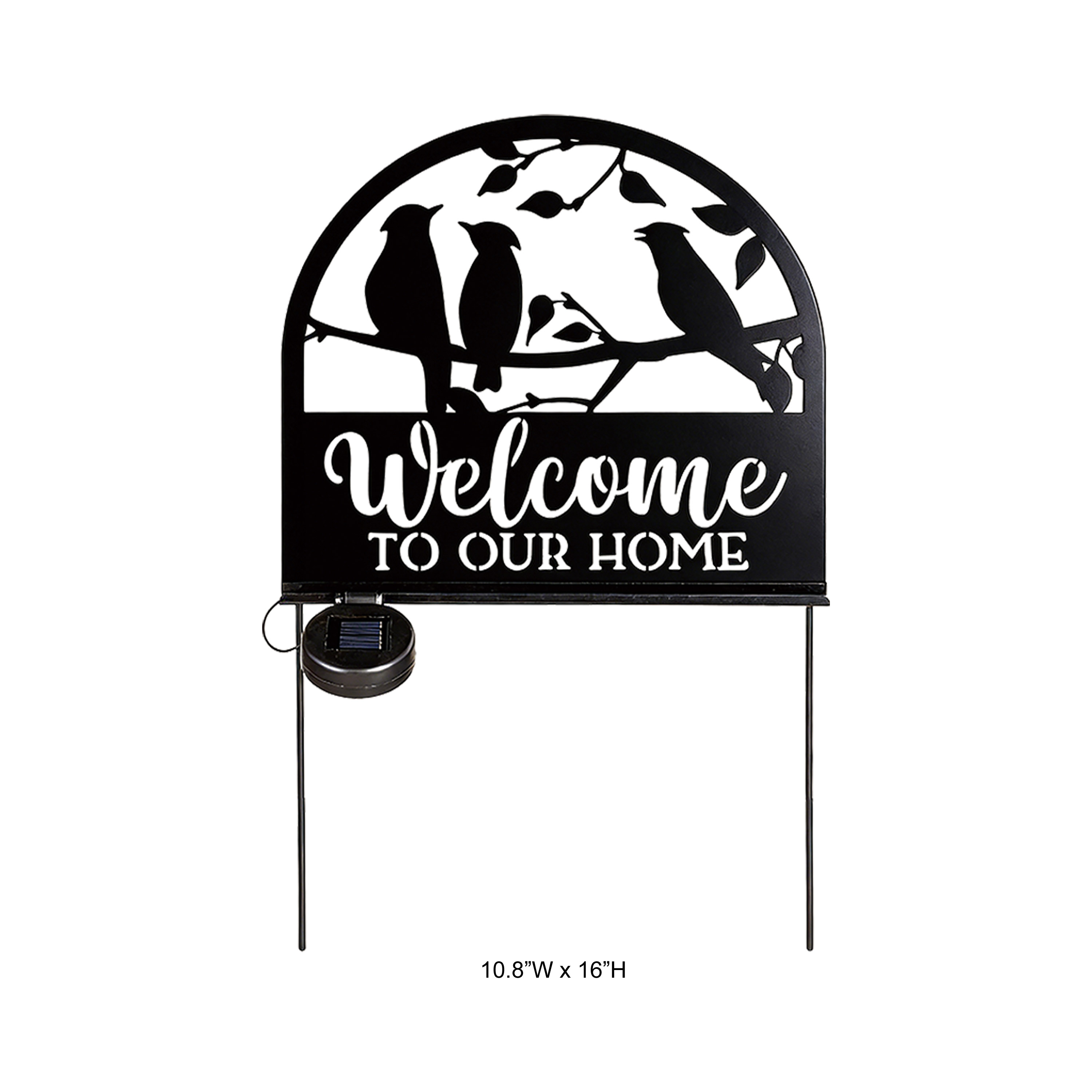 Tri Blossomy Solar LED "Welcome To Our Home" Three Birds Branch Cutout Metal Garden Stake Sign