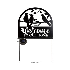 Tri Blossomy Solar LED "Welcome To Our Home" Three Birds Branch Cutout Metal Garden Stake Sign