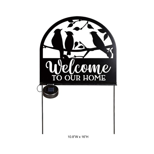 Tri Blossomy Solar LED "Welcome To Our Home" Three Birds Branch Cutout Metal Garden Stake Sign