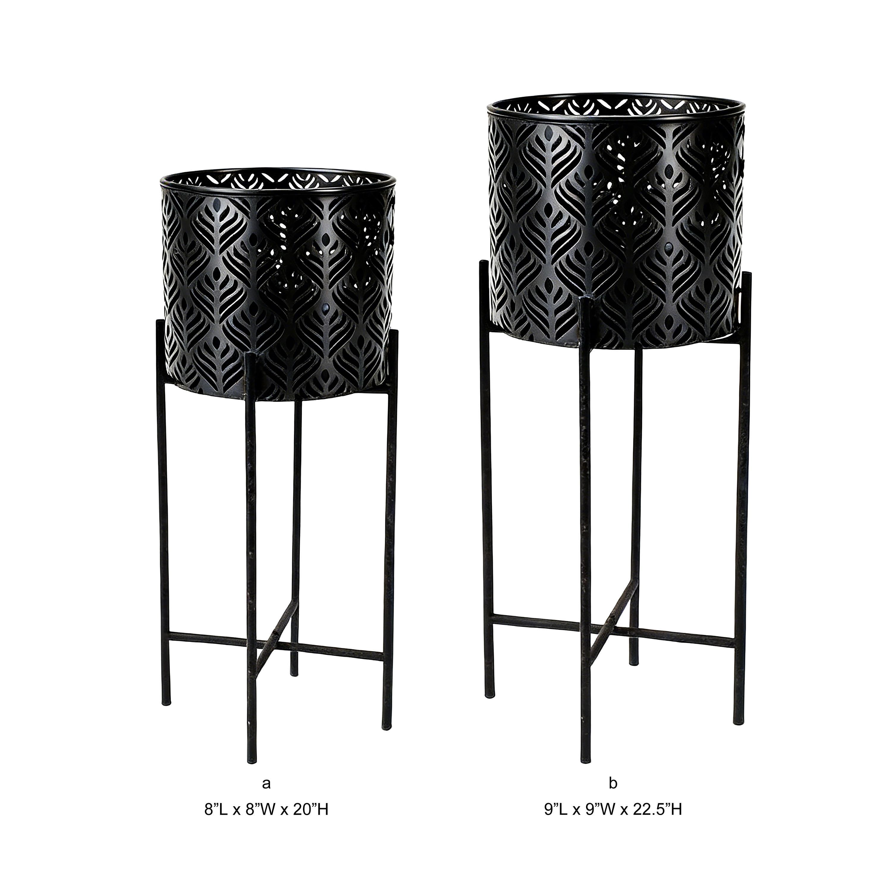 Tri Blossomy 2-Piece Matte Black Laser-Cut Leaf Metal Plant Stand & Planter Pot Set