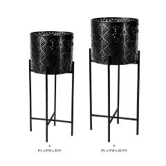 Tri Blossomy 2-Piece Matte Black Laser-Cut Leaf Metal Plant Stand & Planter Pot Set