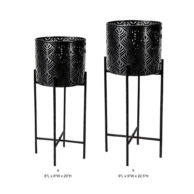 Tri Blossomy 2-Piece Matte Black Laser-Cut Leaf Metal Plant Stand & Planter Pot Set