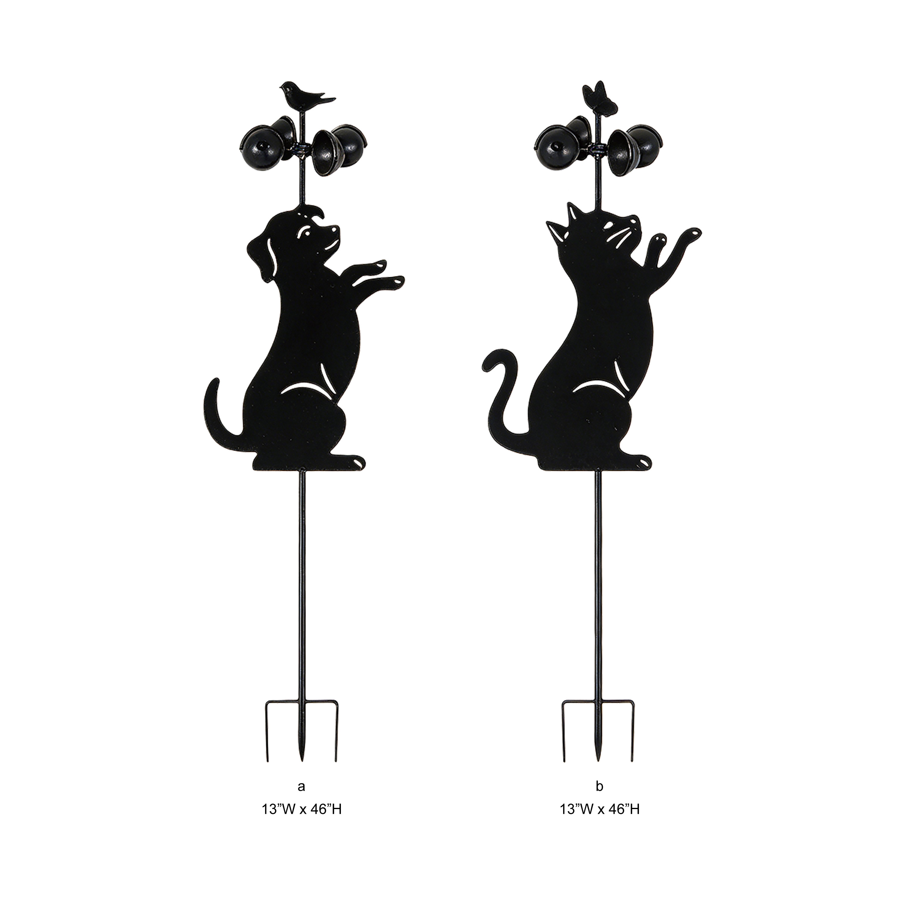 Tri Blossomy Cat and Dog Silhouette Metal Garden Stake with Bells