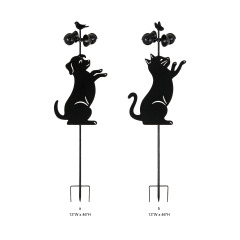 Tri Blossomy Cat and Dog Silhouette Metal Garden Stake with Bells