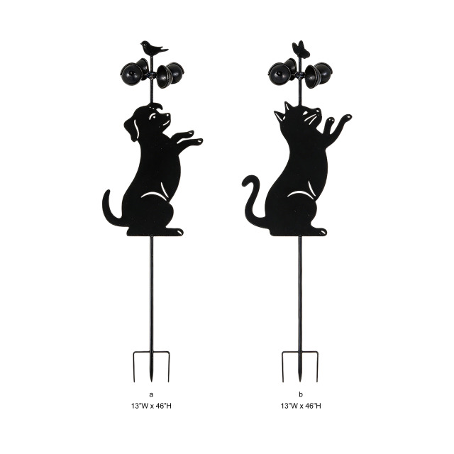 Tri Blossomy Cat and Dog Silhouette Metal Garden Stake with Bells