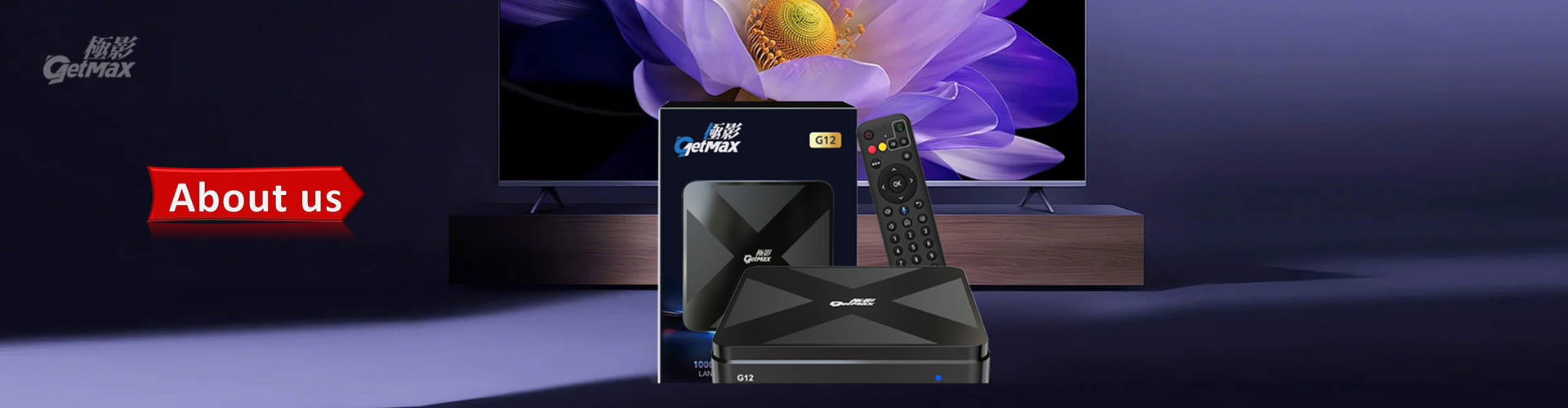 About Us page of GetMax TV Box brand introducing the company and smart TV box technology.