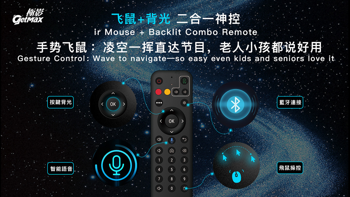 GetMax TV Box 2-in-1 air mouse with backlight for smart and convenient control.