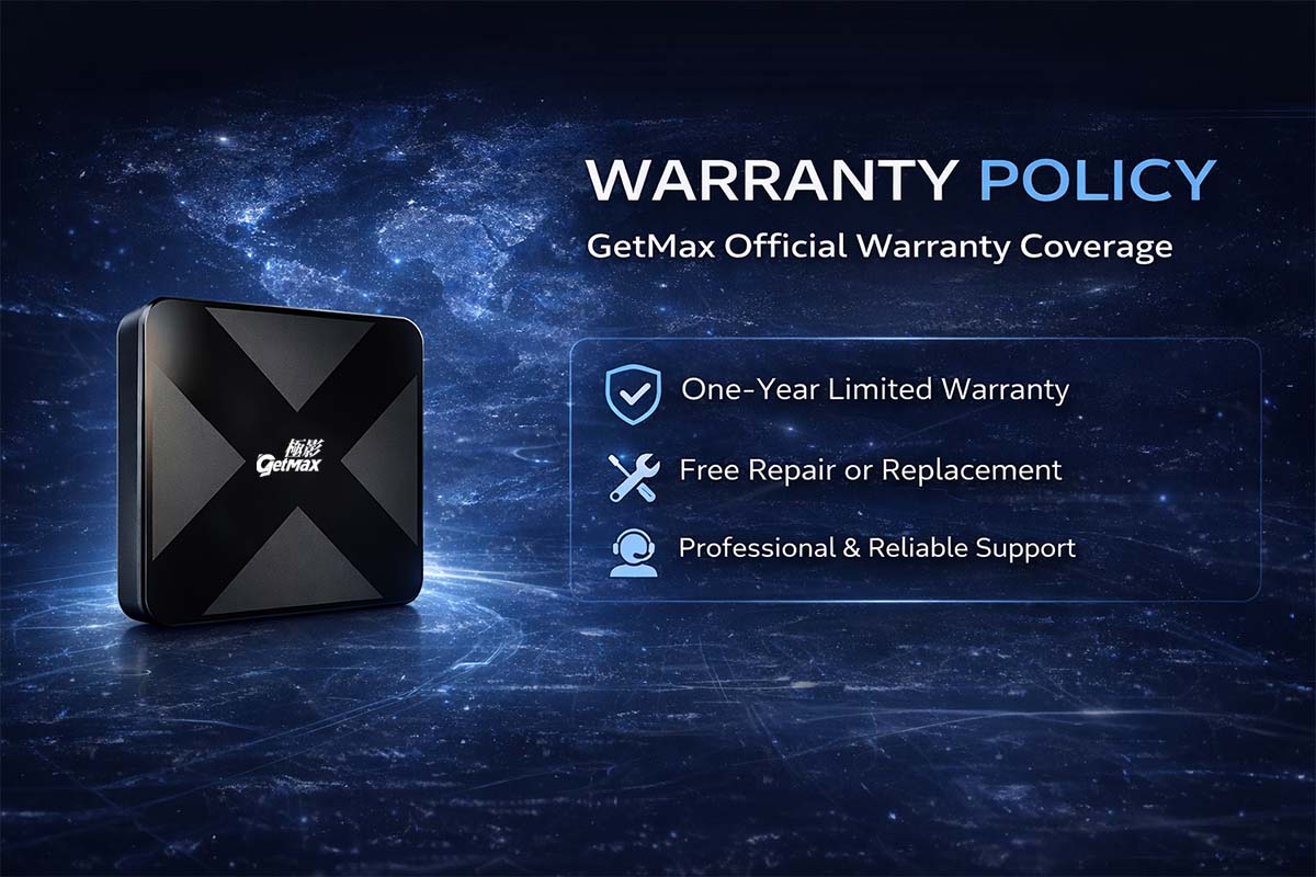 Información sobre la garantía del decodificador GetMax TV Box que explica los términos de reparación, reemplazo y servicio.