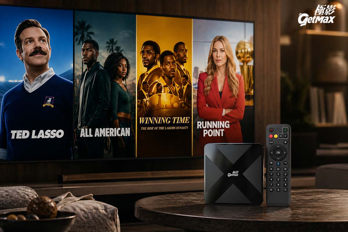 Watching sports drama series on big screen TV powered by GetMax G12 8K streaming.