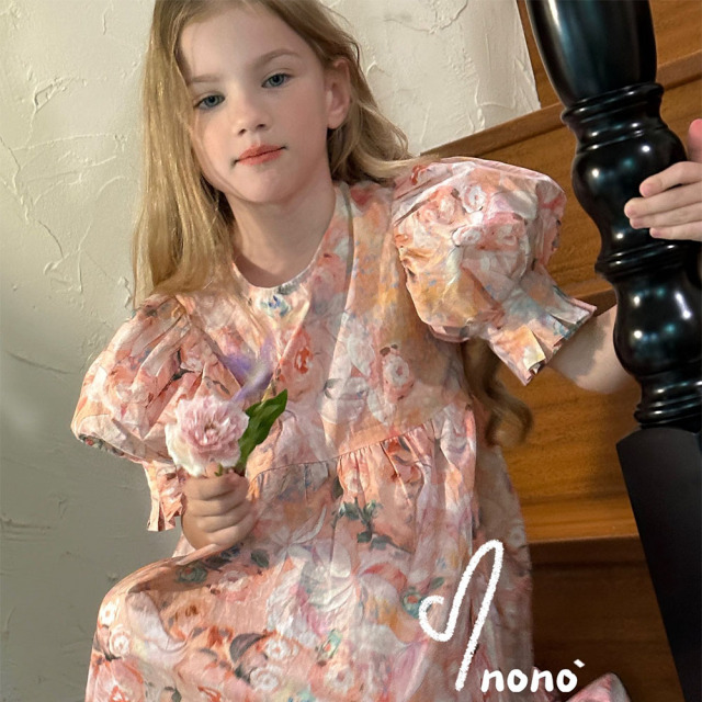 NONOKIDS  Children's Flower Dress Lantern Sleeve Kids Vintage Style Dress Baby Girl Smocking Dresses