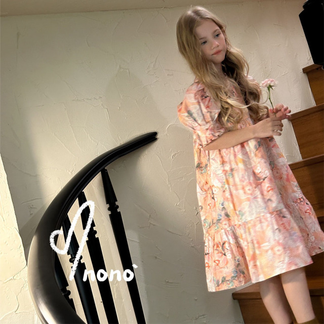NONOKIDS  Children's Flower Dress Lantern Sleeve Kids Vintage Style Dress Baby Girl Smocking Dresses