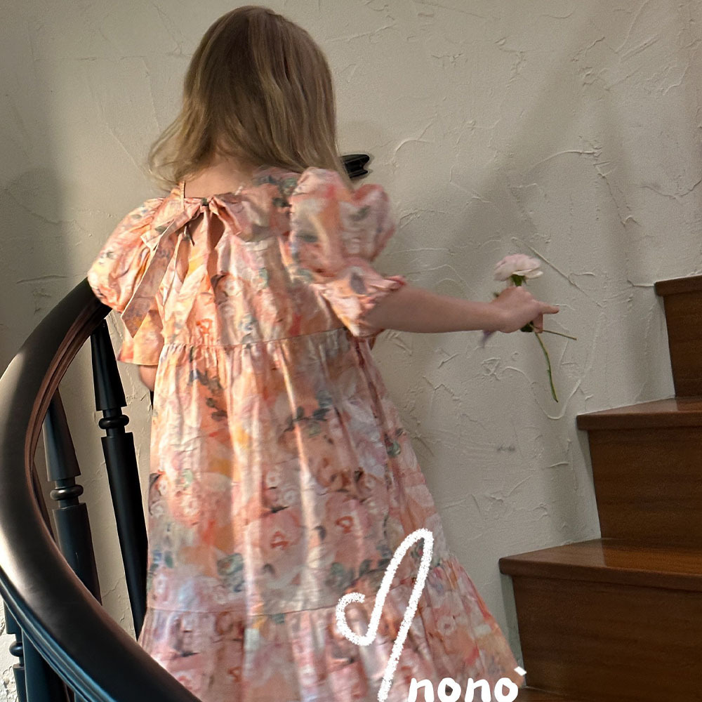 NONOKIDS  Children's Flower Dress Lantern Sleeve Kids Vintage Style Dress Baby Girl Smocking Dresses