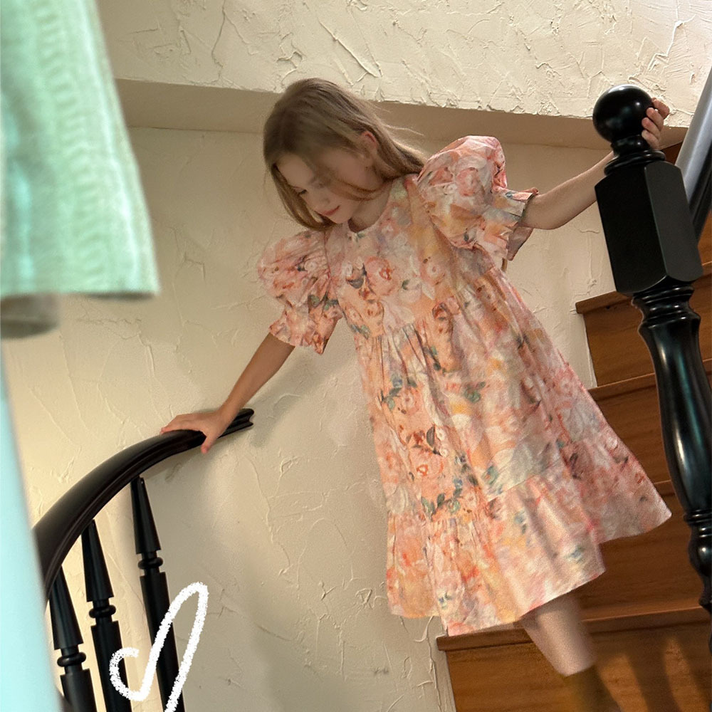 NONOKIDS  Children's Flower Dress Lantern Sleeve Kids Vintage Style Dress Baby Girl Smocking Dresses