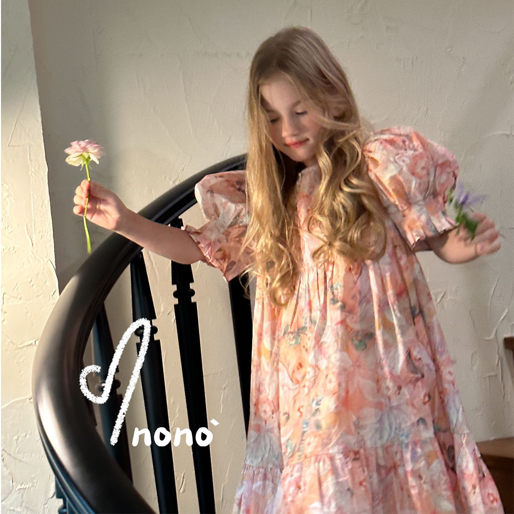 NONOKIDS  Children's Flower Dress Lantern Sleeve Kids Vintage Style Dress Baby Girl Smocking Dresses