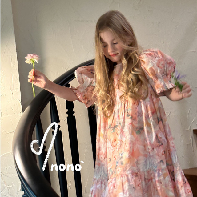 NONOKIDS  Children's Flower Dress Lantern Sleeve Kids Vintage Style Dress Baby Girl Smocking Dresses
