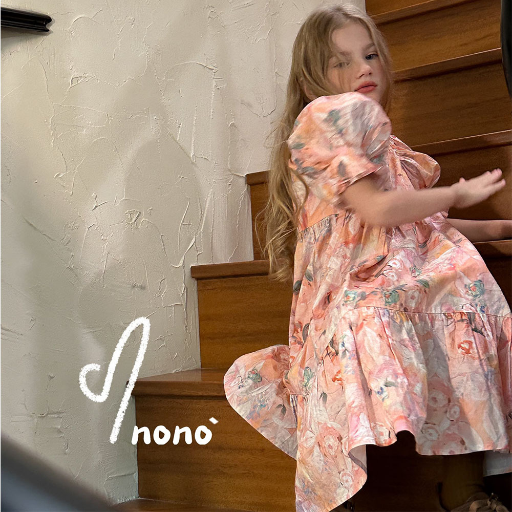 NONOKIDS  Children's Flower Dress Lantern Sleeve Kids Vintage Style Dress Baby Girl Smocking Dresses
