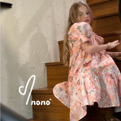 NONOKIDS  Children's Flower Dress Lantern Sleeve Kids Vintage Style Dress Baby Girl Smocking Dresses