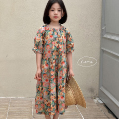 NONOKIDS Floral Dress for Children Summer Short Sleeve Baby Casual Dress Beach Dress