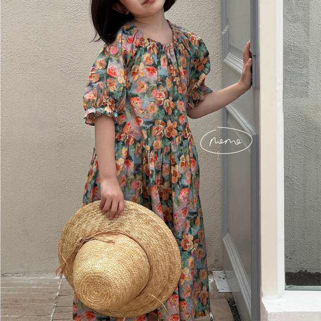 NONOKIDS Floral Dress for Children Summer Short Sleeve Baby Casual Dress Beach Dress