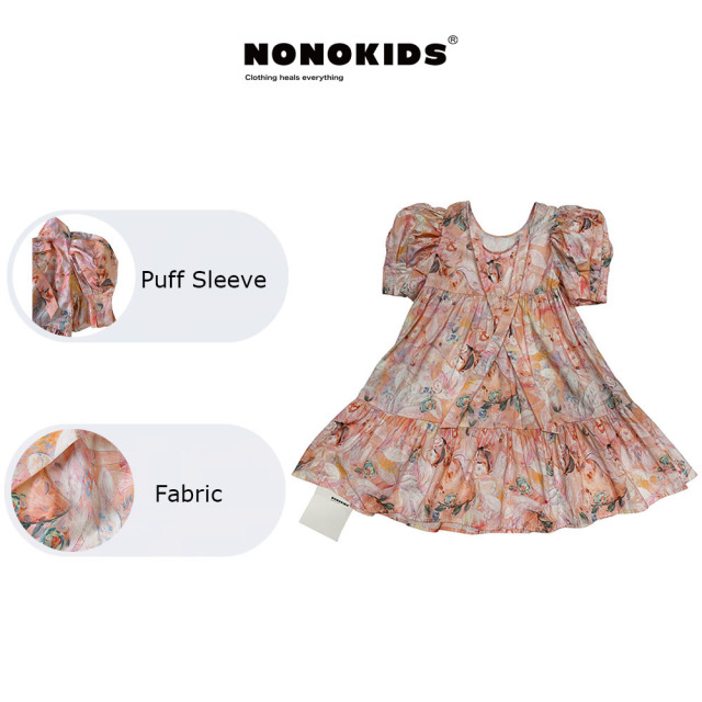 NONOKIDS  Children's Flower Dress Lantern Sleeve Kids Vintage Style Dress Baby Girl Smocking Dresses