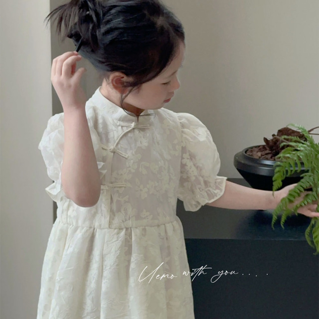 UEMO Chinese Style White Floral Patterned Toddler Dress Traditional and Modern Elegance Exquisite Children Dress
