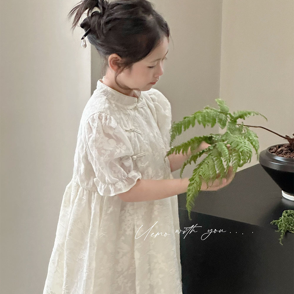 UEMO Chinese Style White Floral Patterned Toddler Dress Traditional and Modern Elegance Exquisite Children Dress