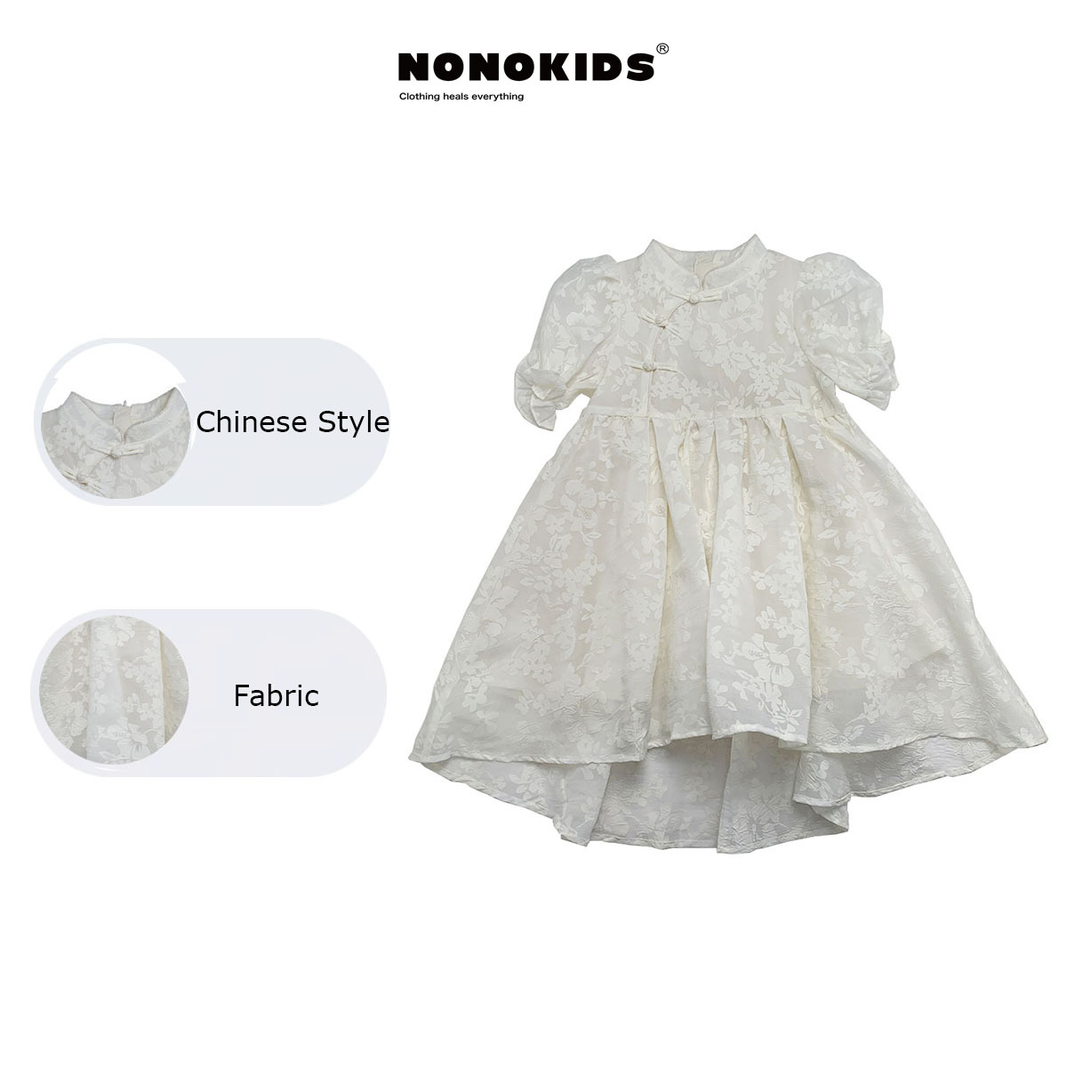 UEMO Chinese Style White Floral Patterned Toddler Dress Traditional and Modern Elegance Exquisite Children Dress
