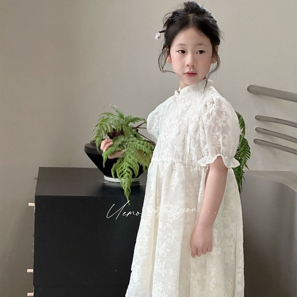 UEMO Chinese Style White Floral Patterned Toddler Dress Traditional and Modern Elegance Exquisite Children Dress