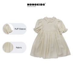 NONOKIDS Hollow Out White Printed Dress Light Beige Puff Sleeve Doll Collar Girl's Dress Sweetness Dress