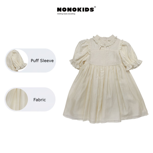 NONOKIDS Hollow Out White Printed Dress Light Beige Puff Sleeve Doll Collar Girl's Dress Sweetness Dress