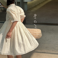 NONOKIDS Hollow Out White Printed Dress Light Beige Puff Sleeve Doll Collar Girl's Dress Sweetness Dress