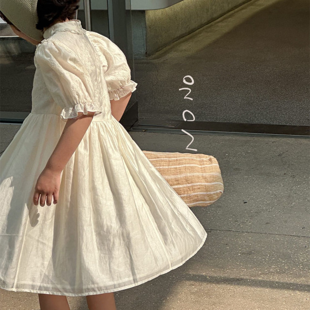 NONOKIDS Hollow Out White Printed Dress Light Beige Puff Sleeve Doll Collar Girl's Dress Sweetness Dress