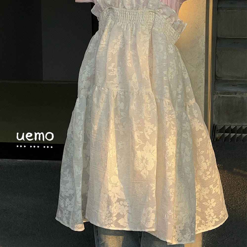UEMO White Printed Ruffled Sundress Girls' Daily Princess Bubble Dress Casual Dress for Girls