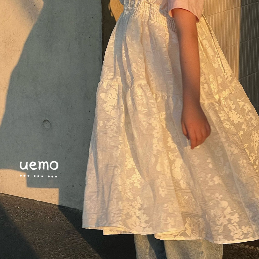 UEMO White Printed Ruffled Sundress Girls' Daily Princess Bubble Dress Casual Dress for Girls