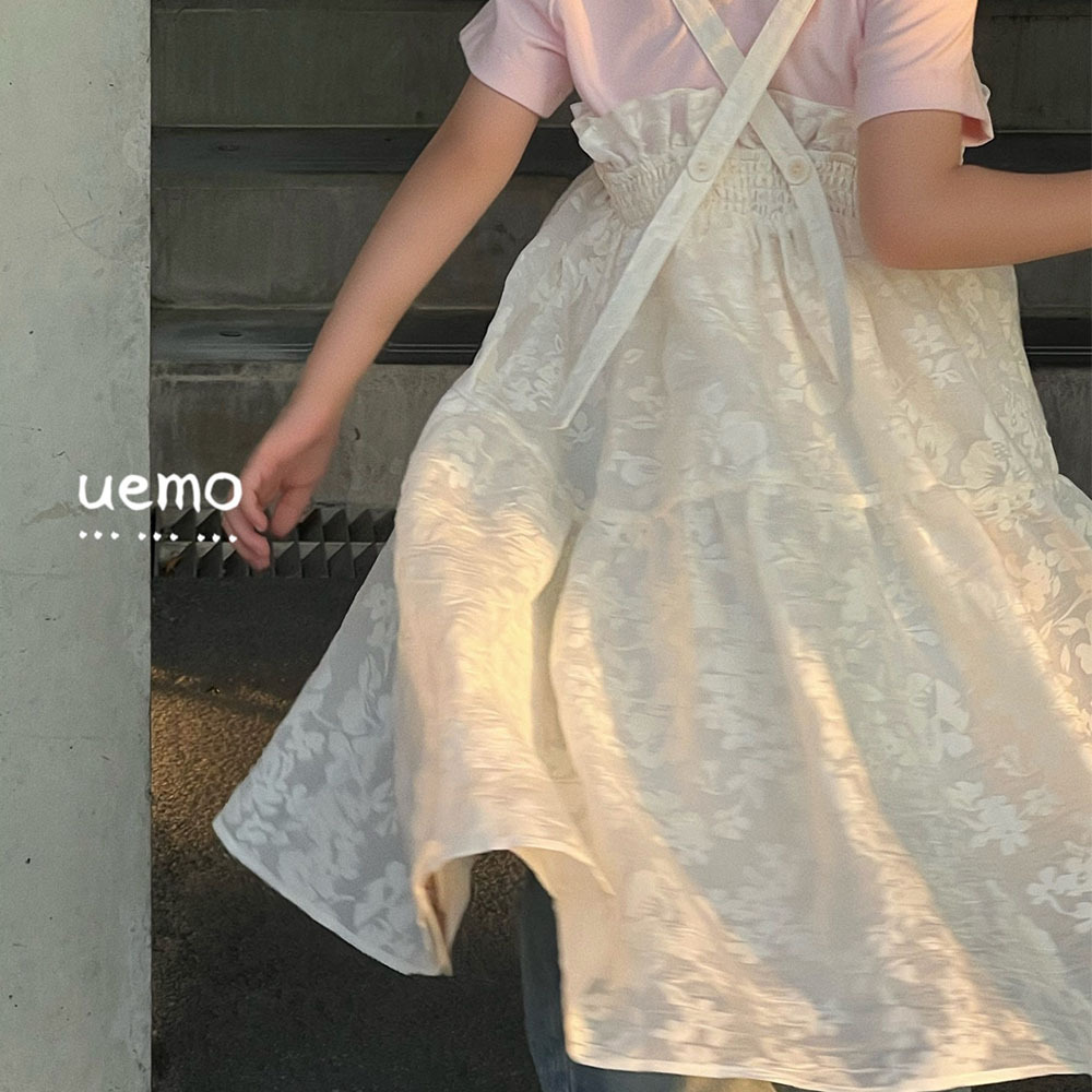 UEMO White Printed Ruffled Sundress Girls' Daily Princess Bubble Dress Casual Dress for Girls