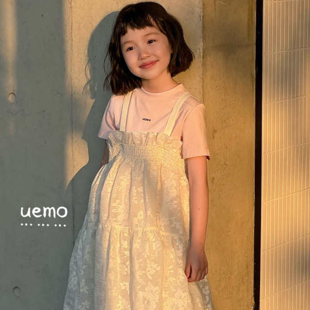 UEMO White Printed Ruffled Sundress Girls' Daily Princess Bubble Dress Casual Dress for Girls