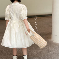 NONOKIDS Hollow Out White Printed Dress Light Beige Puff Sleeve Doll Collar Girl's Dress Sweetness Dress
