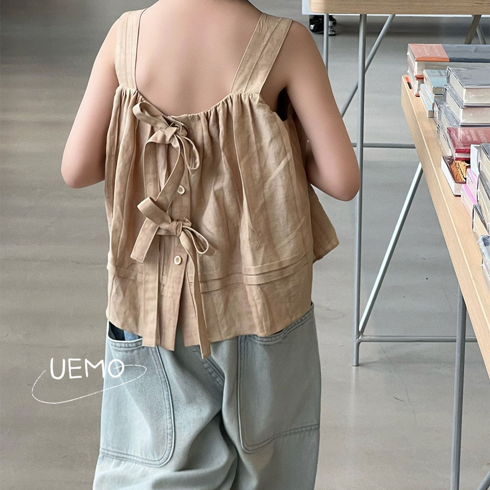 UEMO Children Linen Tank Top Beige Sleeveless  Pleated  Summer Style Trendy Top for Girls