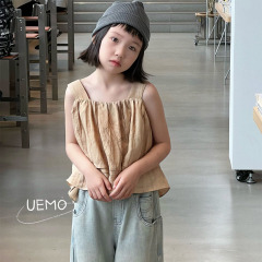 UEMO Children Linen Tank Top Beige Sleeveless  Pleated  Summer Style Trendy Top for Girls