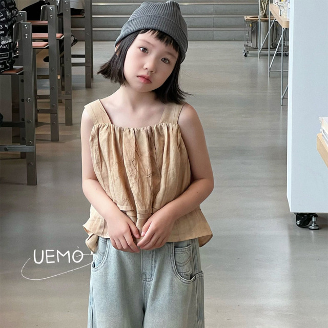 UEMO Children Linen Tank Top Beige Sleeveless  Pleated  Summer Style Trendy Top for Girls