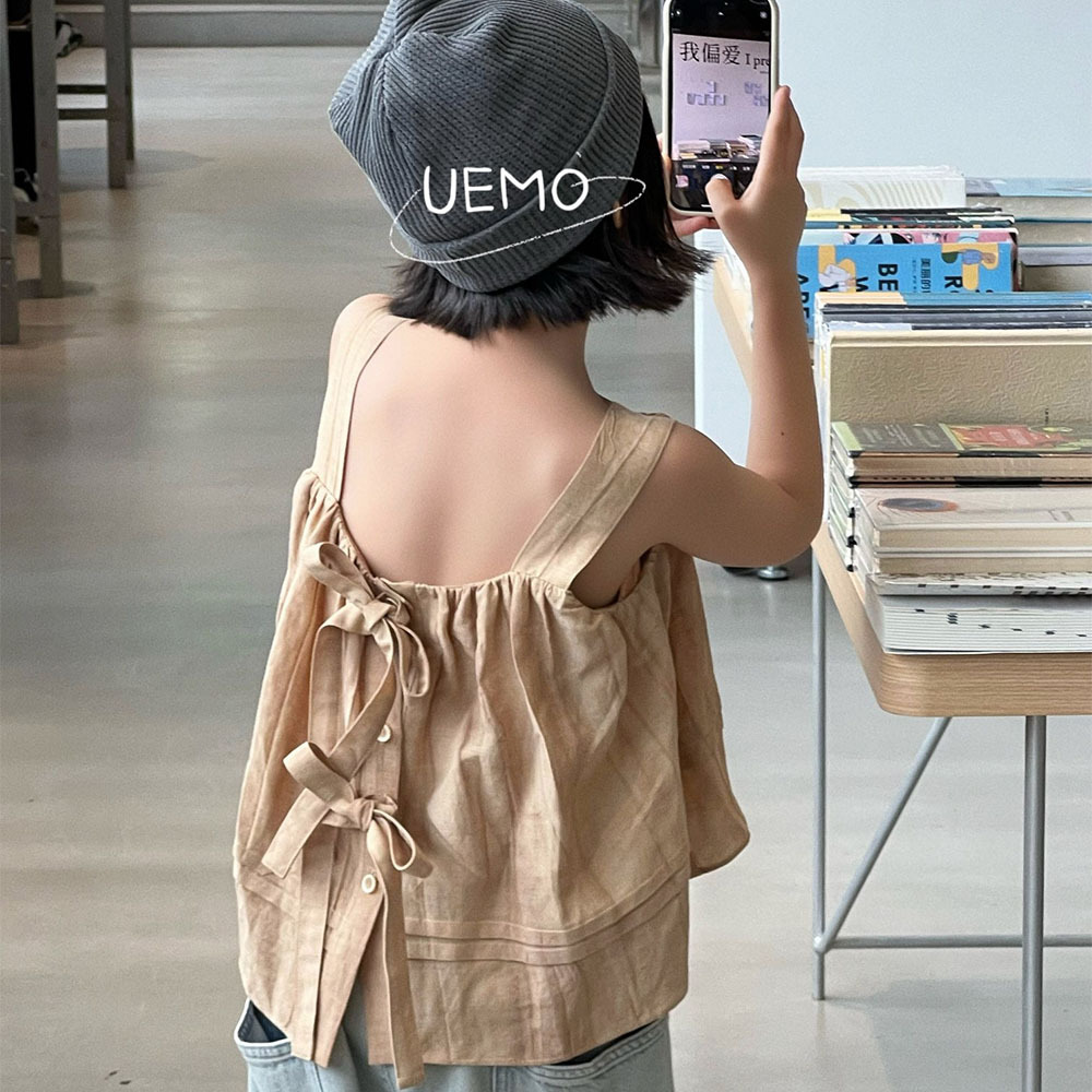 UEMO Children Linen Tank Top Beige Sleeveless  Pleated  Summer Style Trendy Top for Girls