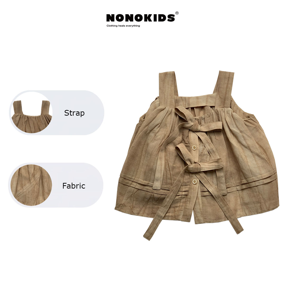 UEMO Children Linen Tank Top Beige Sleeveless  Pleated  Summer Style Trendy Top for Girls