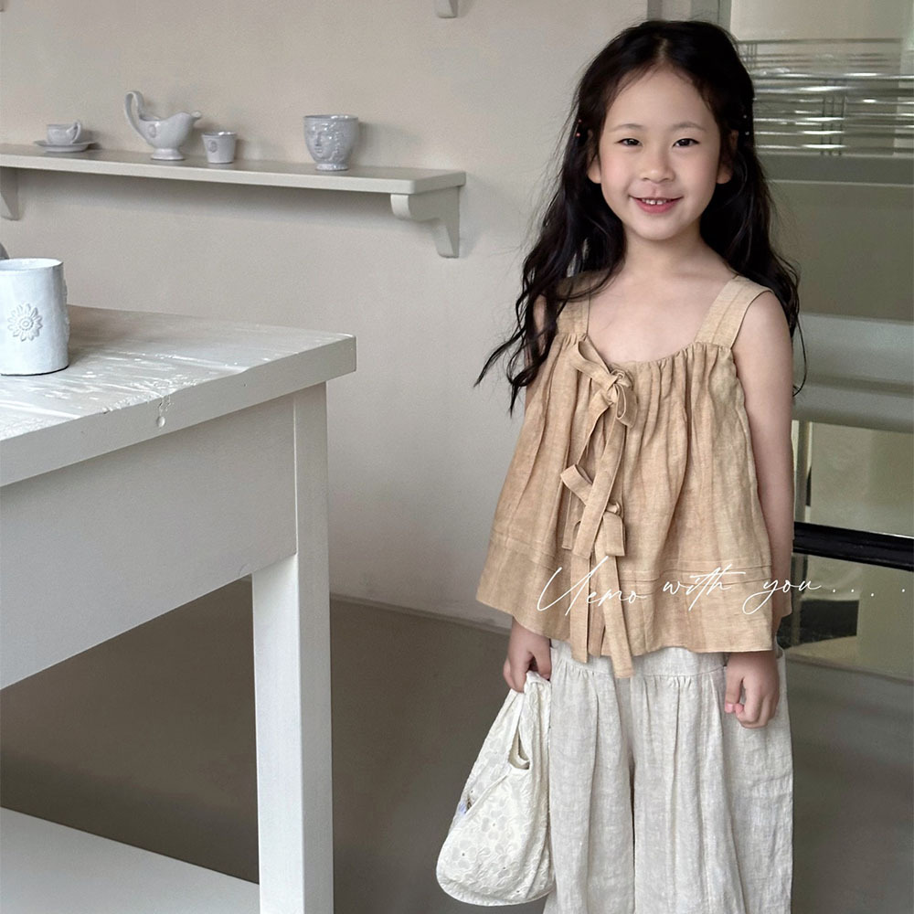 UEMO Children Linen Tank Top Beige Sleeveless  Pleated  Summer Style Trendy Top for Girls