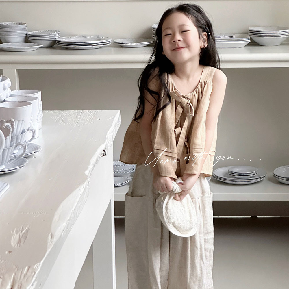 UEMO Children Linen Tank Top Beige Sleeveless  Pleated  Summer Style Trendy Top for Girls