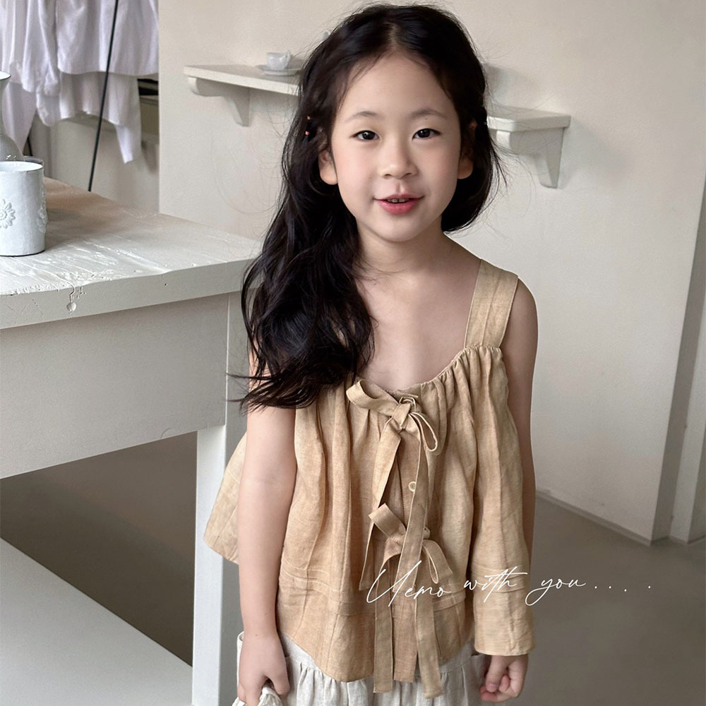 UEMO Children Linen Tank Top Beige Sleeveless  Pleated  Summer Style Trendy Top for Girls