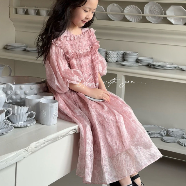 UEMO Pink Chiffon Dress with Puff Sleeves Elegance and Sweetness Princess Dress