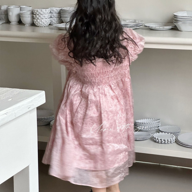 UEMO Pink Chiffon Dress with Puff Sleeves Elegance and Sweetness Princess Dress
